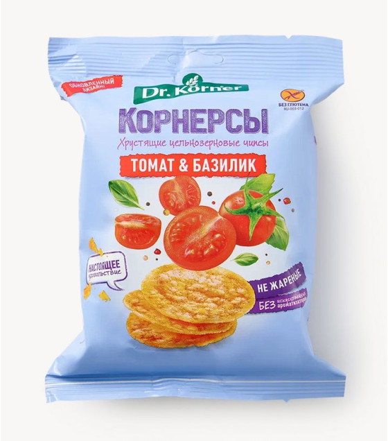 DR. KORNER Crispy Whole Grain Chips Tomato and Basil - 50g (best before 24.08.25)