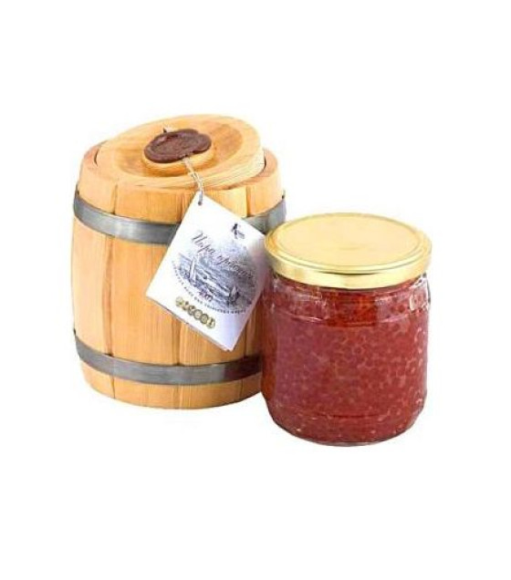 Salmon Caviar "Red Gold" Glass Jar in Wooden Barrel (Gorbusha) - 400g (best before 04.09.25)
